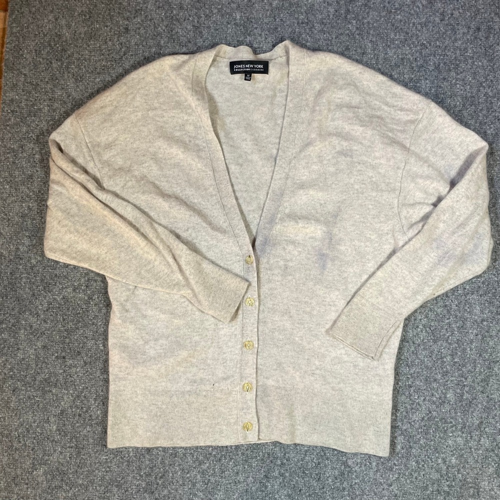 Jones New York Cardigan Womens Medium Gray 100% Cashmere V-Neck Button Front